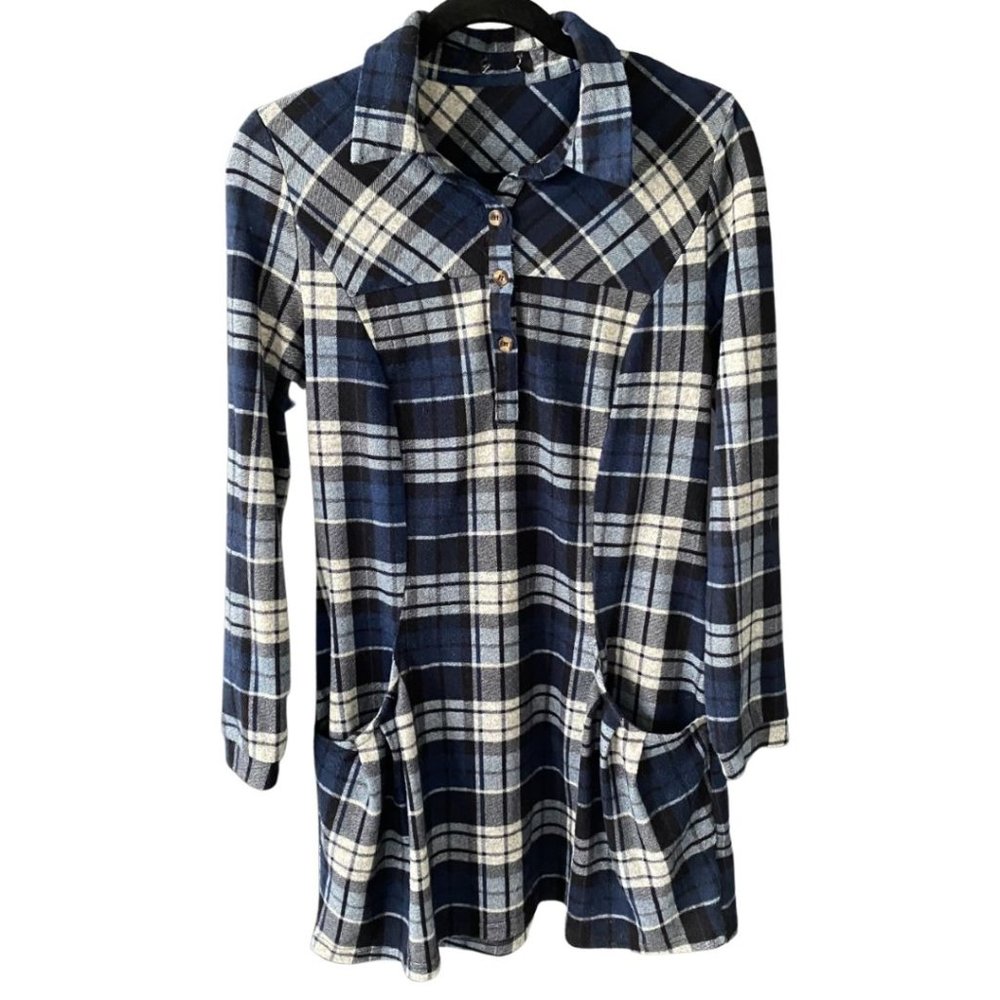 Navy Plaid Tunic Sweater W/Buttons and Collar-Pockets